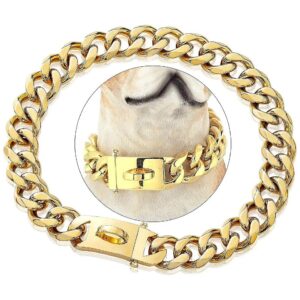 Gold Plated Dog Collar with Cuban Link Stainless Steel Chain and Modern Buckle 19mm 22