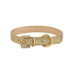 Gold Sparkle PU Leather Dog Collar with Diamond Buckle for Small and Medium Breed Dogs