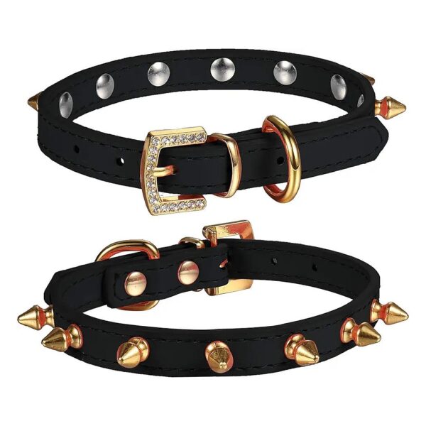 Golden Rhinestone Buckle Collar for Small Medium Dogs Cats with Leather Material