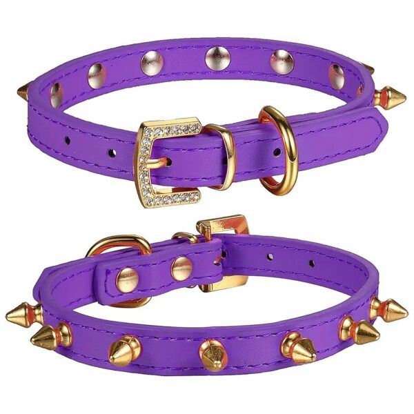 Golden Spiked Studded Leather Collar with Rhinestone Buckle for Small Dog Cat