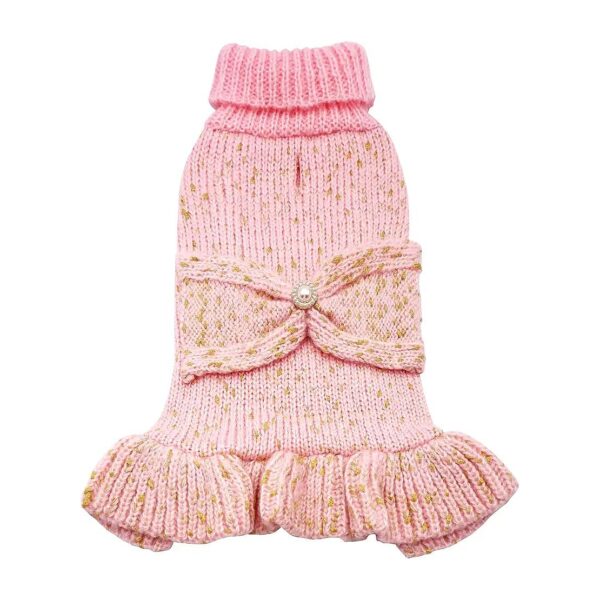 Golden Thread Turtleneck Dog Knitwear with Bowtie for Small Dogs in Pink Medium