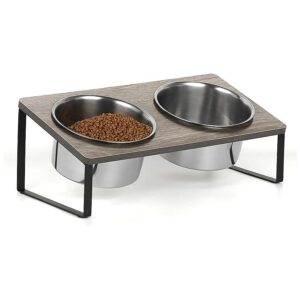 Gray Elevated Dog Feeder with Metal Legs and Detachable Stainless Steel Bowls