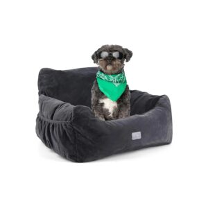 Gray Velvet Dog Car Seat for Small Dogs with Adjustable Safety Belts and Non-Slip Base