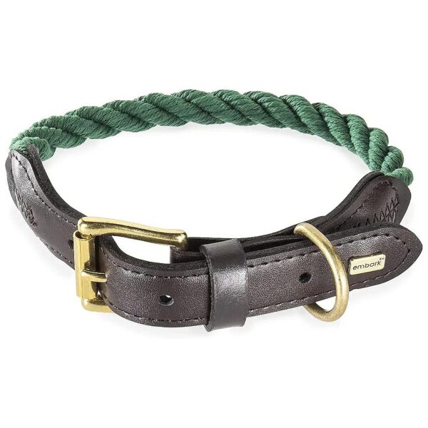 Green Cotton Rope Dog Collar with Leather Accents and Adjustable Fit for Large Dogs