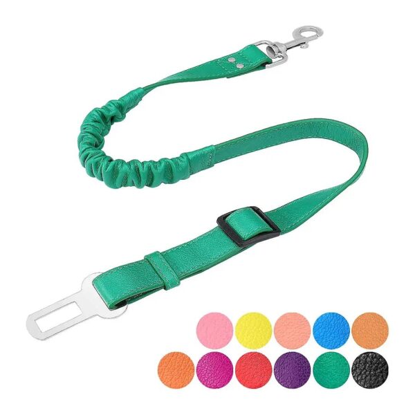 Green Leather Dog Seat Belt for Small Cars with Adjustable Bungee and Swivel Clip Harness