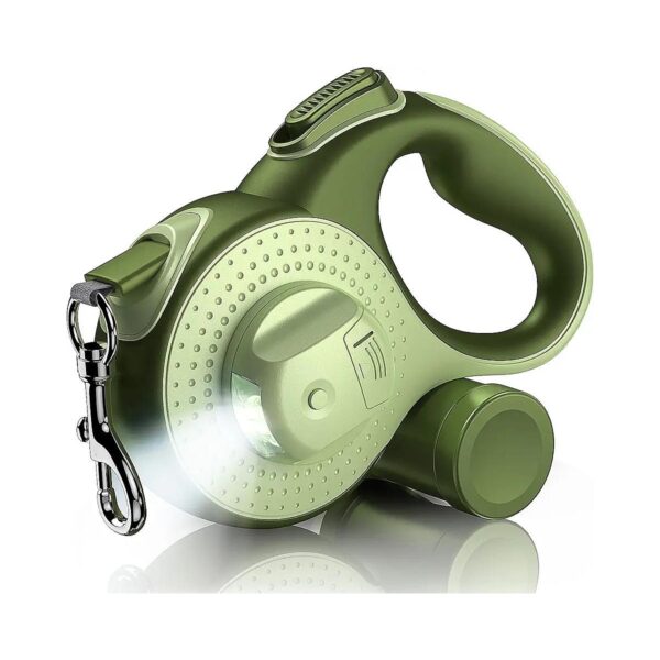 Green Retractable Dog Leash with Anti-Slip Handle, LED Flashlight, and Poop Bag Holder