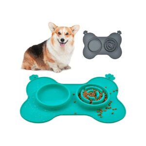 Green Silicone Food and Water Bowl Set with Slow Eating Design for Small Pets