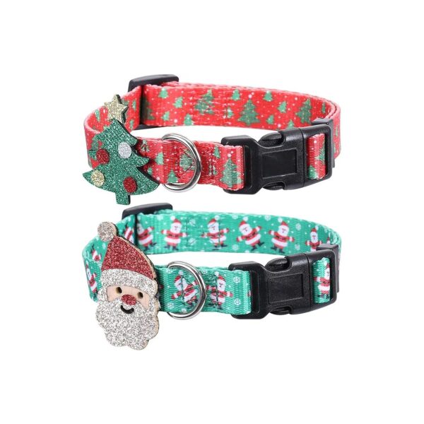 Green and Red Adjustable Dog Collars with Father Christmas and Xmas Tree Accessories