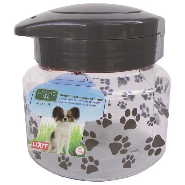 Grey 64oz Airtight Pet Treat Jar with Decorative Paw Print Design