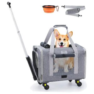 Grey Airline Approved Dog Carrier with Wheels for Small Pets Up to 20lbs Travel