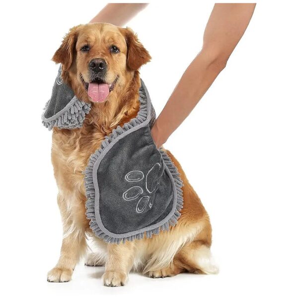 Grey Chenille Dog Drying Towel with Unique Design and Hand Pocket for Efficient Drying