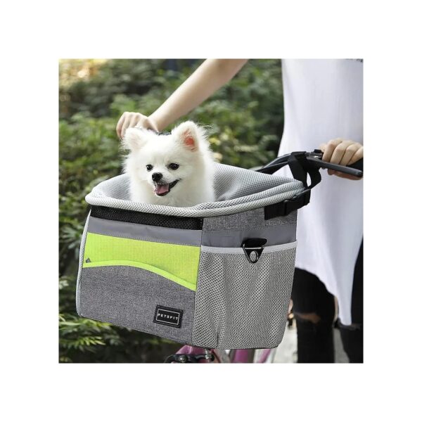 Grey Dog Bike Basket with Storage Pockets and Adjustable Safety Buckle for Small Dogs