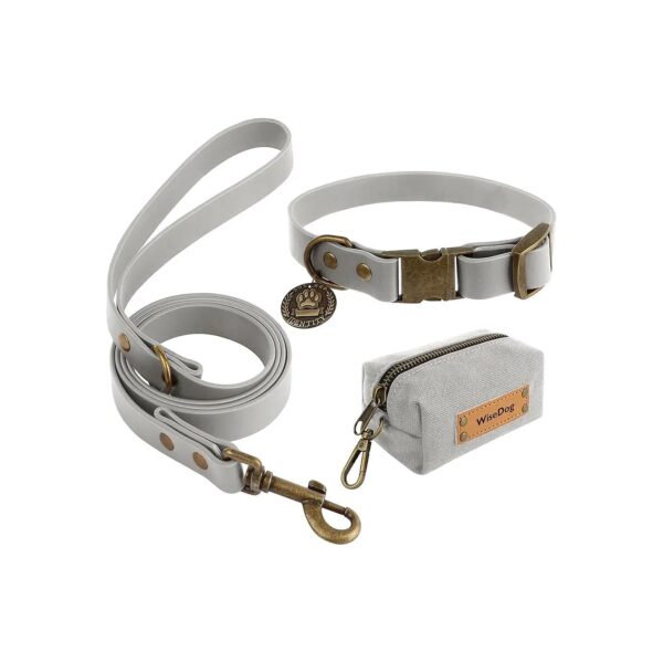 Grey Dog Collar and Leash Set with Adjustable Size for Small Medium Large Dogs