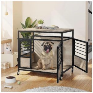 Grey Dog Kennel Crate with Double Entrance Doors and Latches for Easy Access