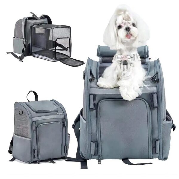 Grey Expandable Pet Backpack with Lock Zipper and Safety Leash for Safe Travel