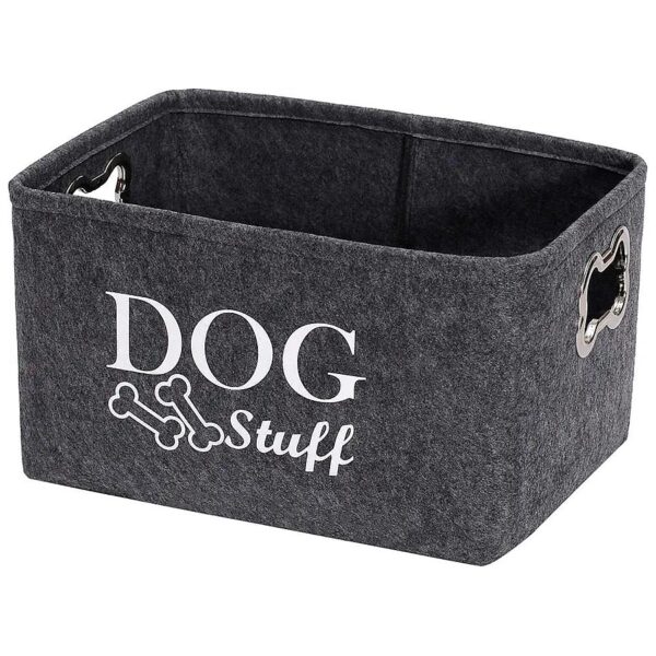 Grey Felt Pet Storage Basket with Metal Bone-Handle for Dog Toys, Blankets, and More