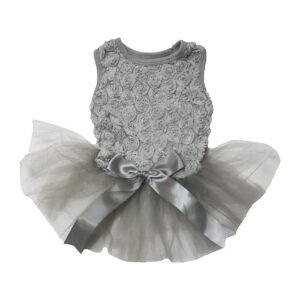 Grey Floral Puppy Dog Dress with Tulle Skirt and Chest Attachment