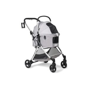 Grey Pet Stroller for Small Dogs and Cats with Removable Basket and Foldable Frame