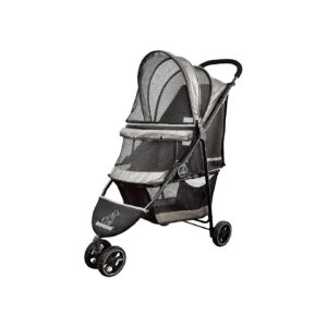 Grey Pet Stroller with Removable Liner and Storage Basket for Small Dogs and Cats