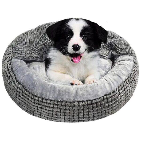 Grey Plush Calming Donut Dog Cat Bed with Hooded Blanket for Small to Medium Pets