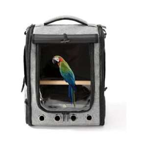 Grey Polyester Bird Backpack with Perch and Feeder for Comfortable Bird Transport