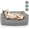 Grey Polyester Dog Bed with Striped Fabric and Removable Pillow