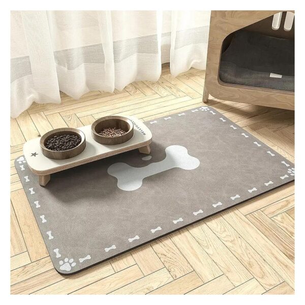 Grey Quick Dry Dog Food Mat - Absorbent and Water Resistant for Food and Water Bowls