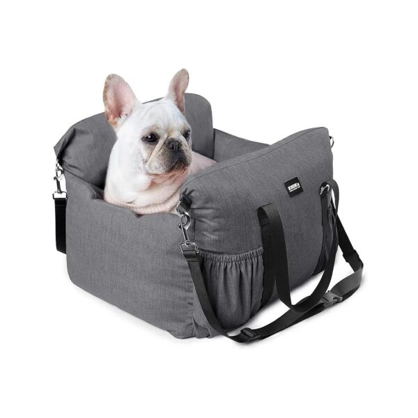 Grey Small Pet Car Seat with Waterproof Design, Buckles, and Storage Pockets