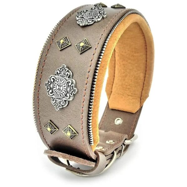 Grey Tan Leather Big Dog Collar with Soft Padded Cushion and Rivet Design