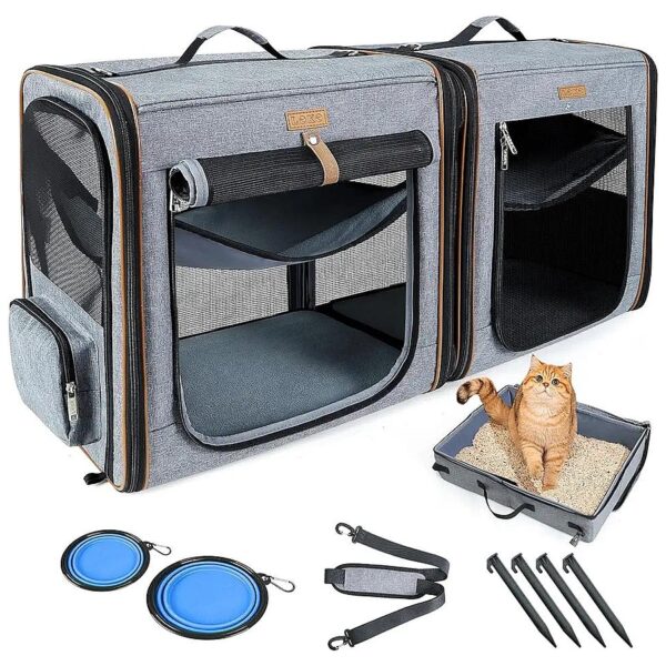 Grey Travel Carrier for Small to Large Pets with Litter Box and Bowl