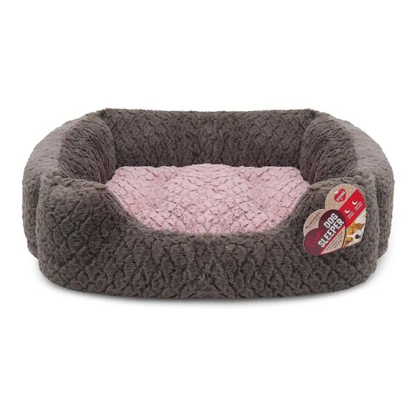 Grey and Pink Plush Square Dog Bed for Medium Breeds