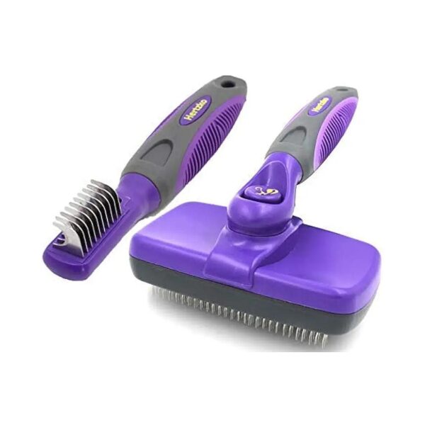 Grooming Comb and Slicker Brush Bundle for Pet Care with Self Cleaning Feature