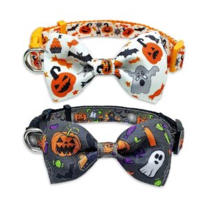 Halloween Dog Collars, 2-Pack Bow Tie with Jack-O-Lantern and Pumpkin Pattern for Puppies