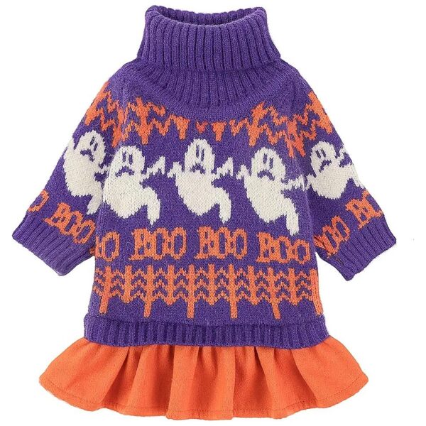 Halloween Purple Sweater Dress for Small Dogs or Cats with Ghost Pattern