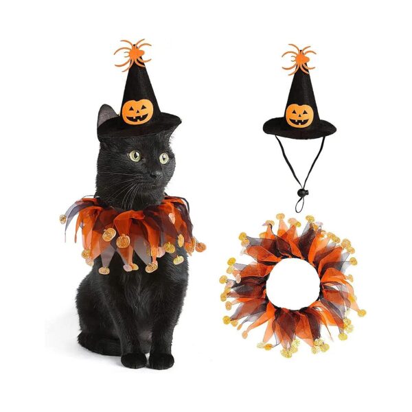 Halloween Witch Costume for Cats and Small Dogs with Sparkling Pumpkin Collar and Hat