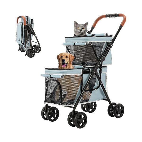 Hand Folding Double Pet Stroller for Small Medium Dogs Cats 4 Wheels