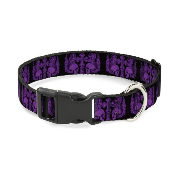 Handcrafted Skulls with Wings Dog Collar in Black and Purple Polyester