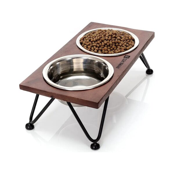 Handcrafted Wooden Dog Bowl Stand with 2 Stainless Steel Dishes and Padded Non-Slip Legs