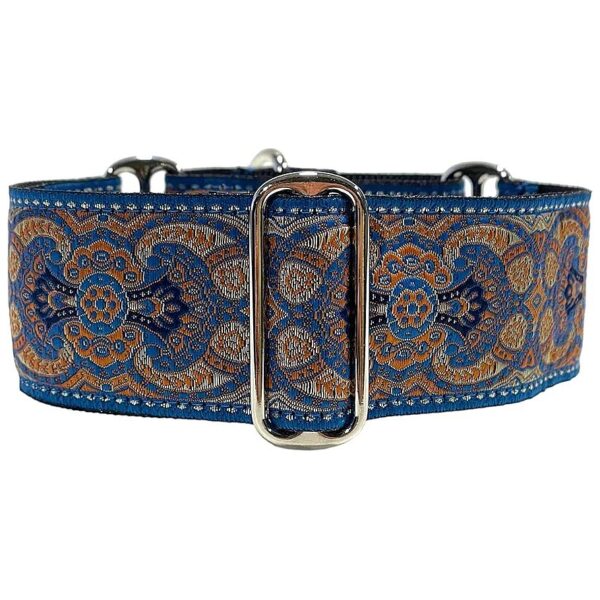 Handmade Blue Martingale Greyhound Saluki Whippet Dog Collar with Metal Fittings and Trim