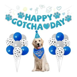 Happy Gotcha Day Blue Pet Accessories Kit with Cone Hat Banners Balloons for Dogs Cats