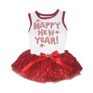 Happy New Year Outfit for Small Dogs with White Red Sequin Dress and Breathable Fabric