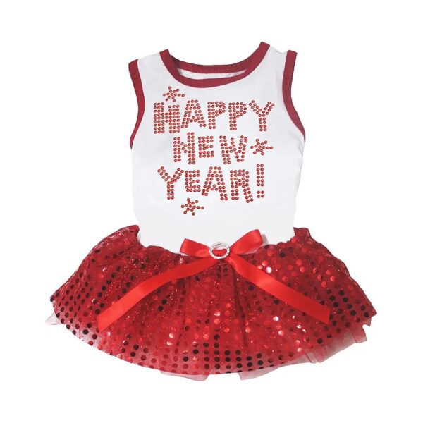 Happy New Year Outfit for Small Dogs with White Red Sequin Dress and Breathable Fabric