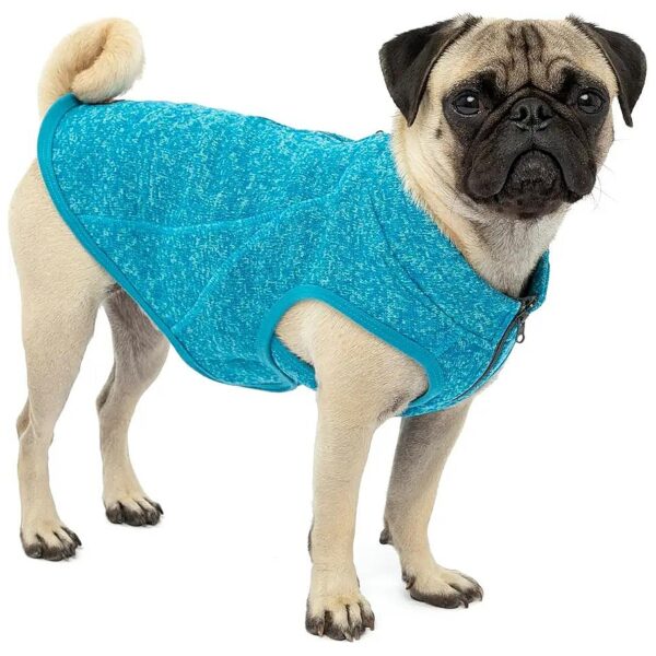 Heather Blue Fleece Lined Dog Sweater for Small Dogs with Adjustable Neck and Zipper