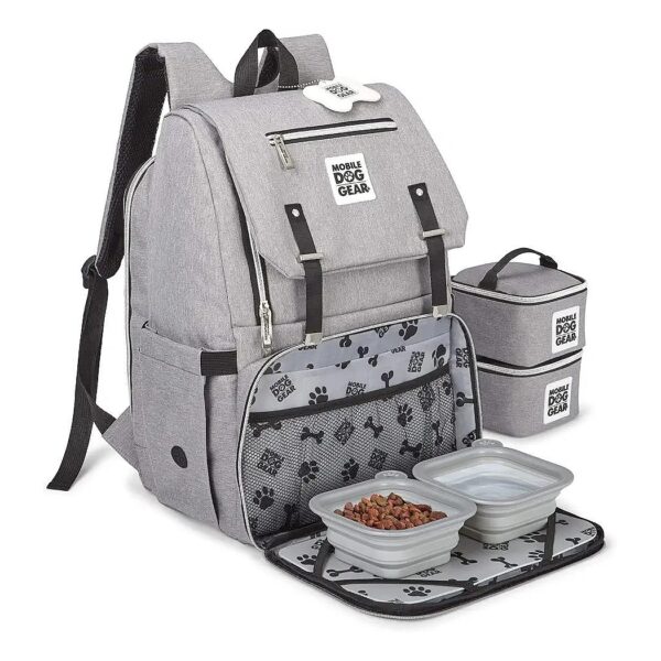 Heathered Gray Dog Gear Backpack with Food Carriers and Bowls for Pet Travel Convenience