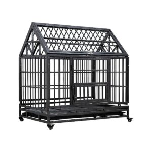 Heavy Duty 42 Inch Dog Crate with 3 Doors and Locking Caster Wheels for Large Dogs