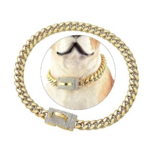 Heavy Duty Chew Proof Gold Metal Cuban Link Dog Necklace for Large Pets