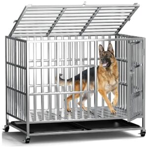 Heavy Duty Dog Crate 42 Inch with Lockable Wheels and Double Doors