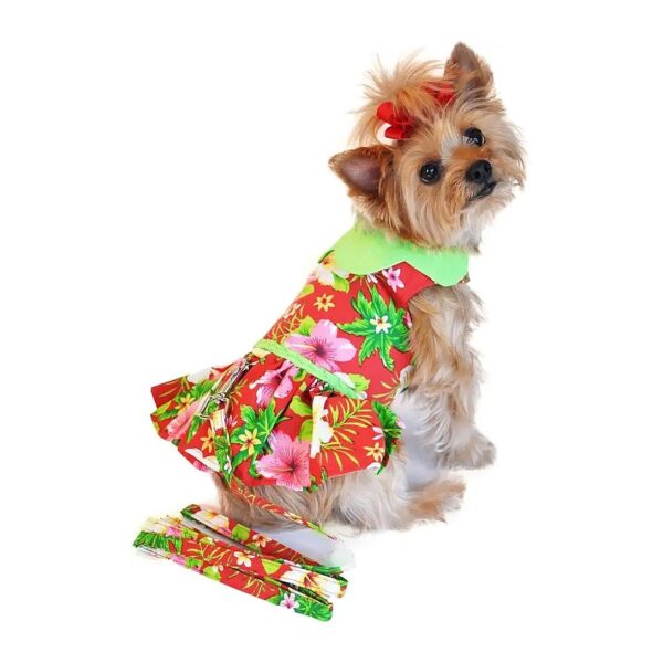 Heavy Duty Dog Dress with Red Hibiscus Print and Matching Leash