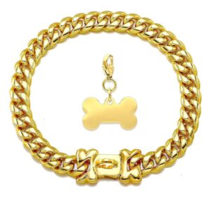 Heavy Duty Durable Gold Chain Dog Collar with Cuban Link Pattern for Small to Large Dogs