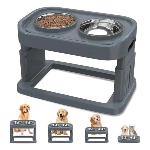 Heavy-Duty Grey Elevated Dog Bowl Stand for Large Medium Dogs with Adjustable Height